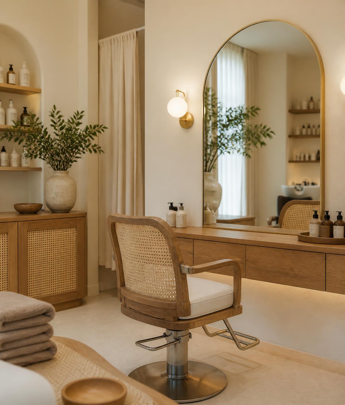 Warm, calm styling area inside Niva Spa & Salon
