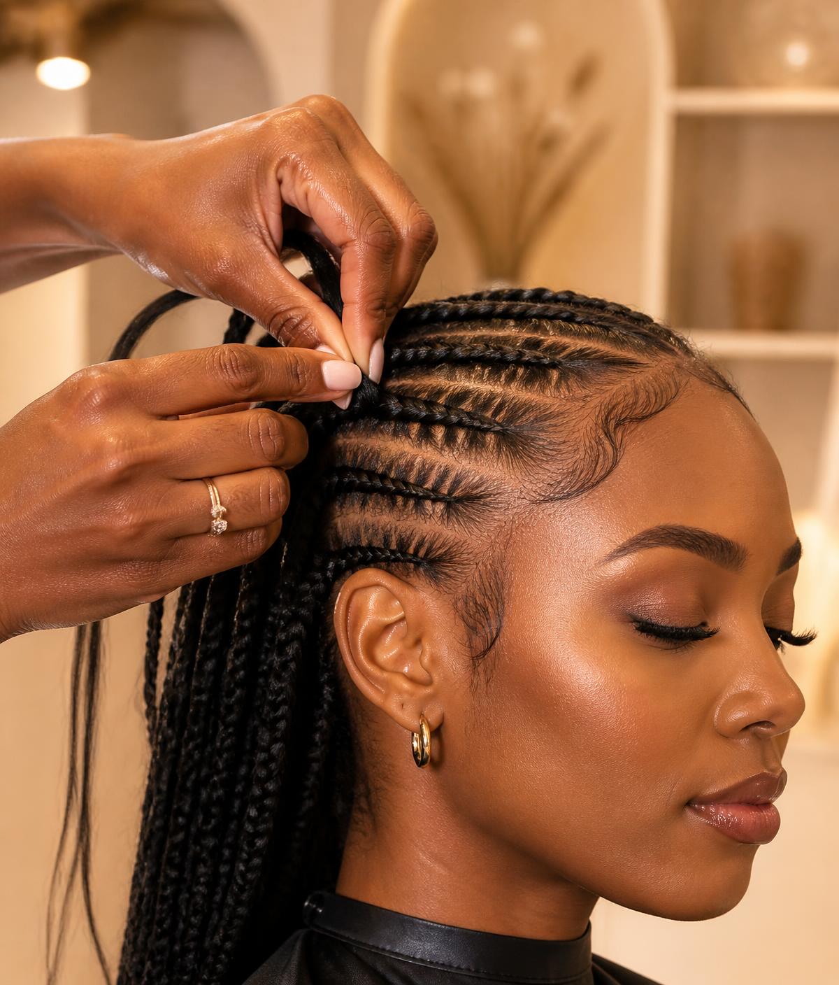 Stylist braiding a client's hair at Niva Spa & Salon