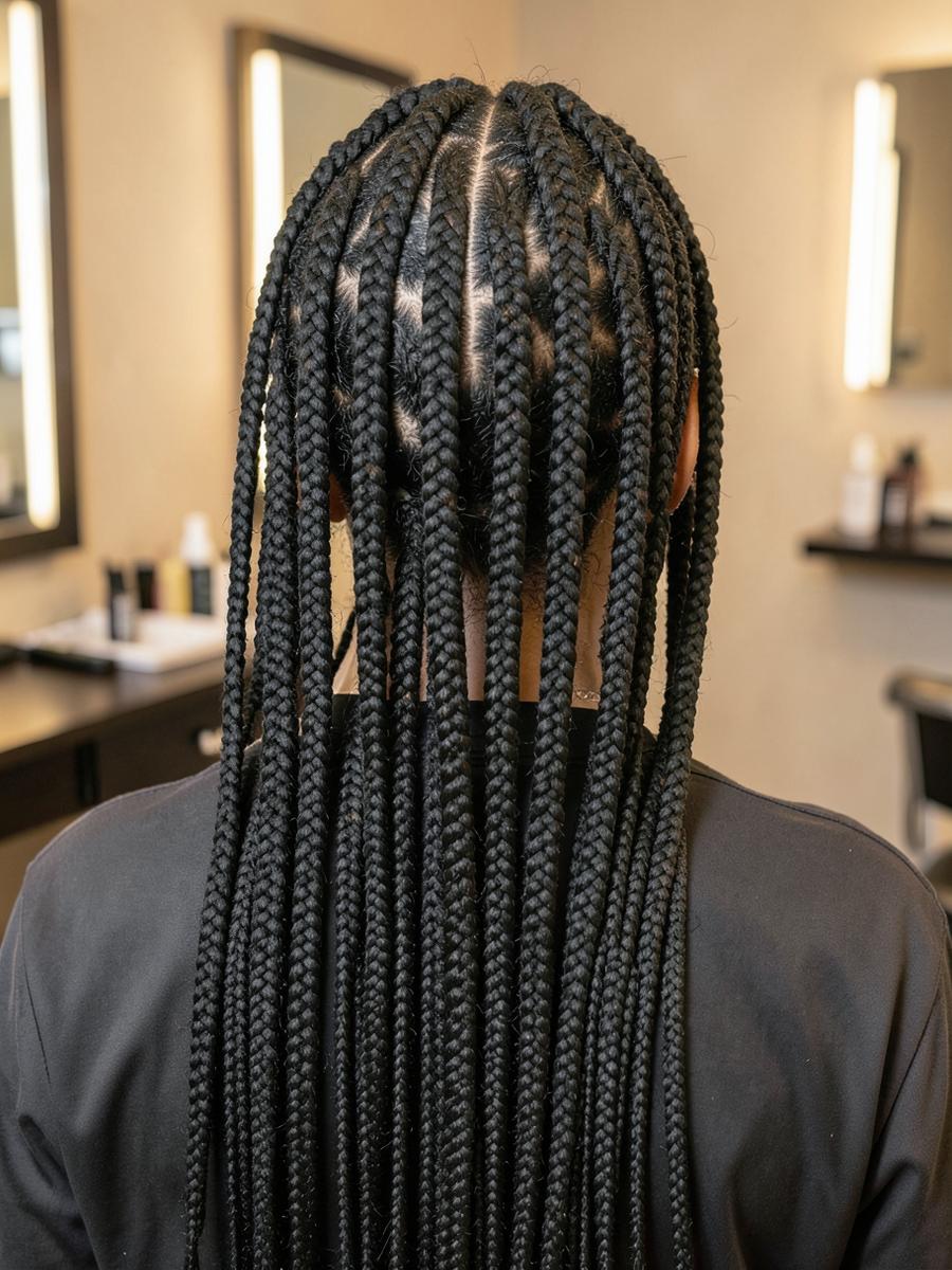 Long box braids styled at Niva Spa & Salon
