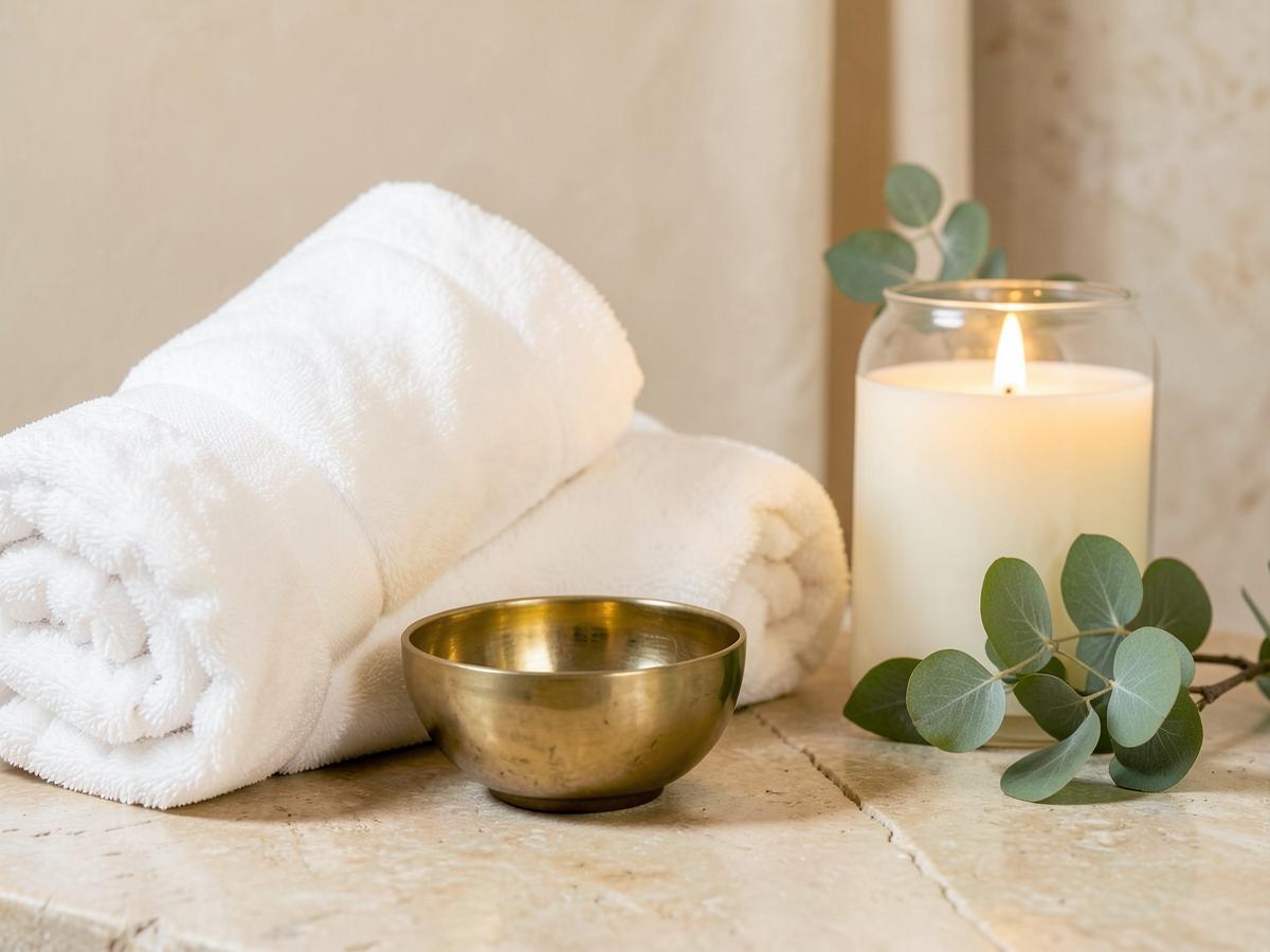 Fresh towels, brass bowl and candle in the spa room